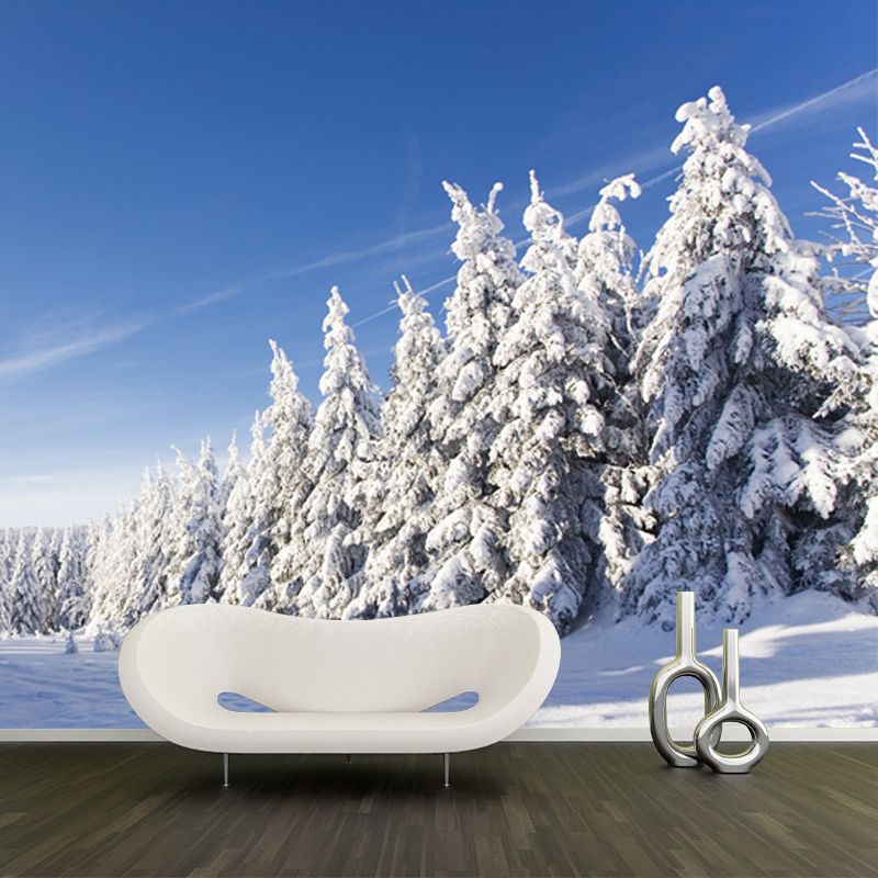 Contemporary Winter Cypress Mural Blue Snowy Scenery Wall Covering for Accent Wall