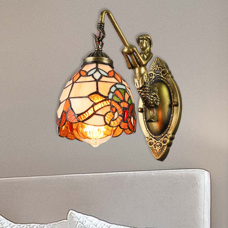 Vintage Dome Sconce Light 5.5" Width 1 Light Stained Glass Sconce Light Fixture with Mermaid Design