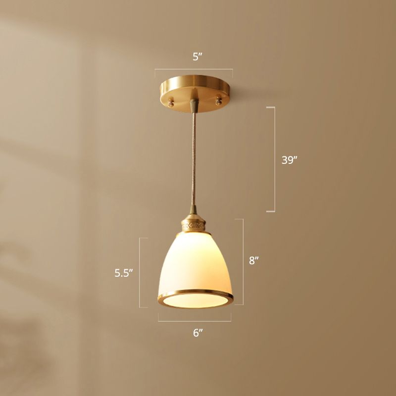 Bell Shade Dining Room Hanging Light Simple Style Opal Glass 1-Light Brass Pendant Lamp