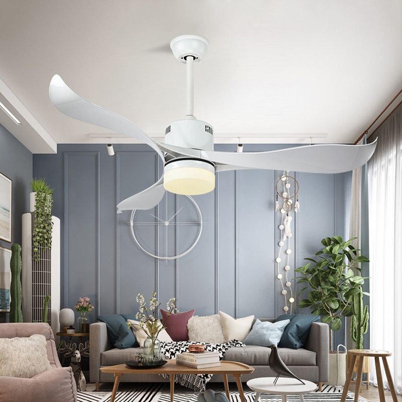 Wit cirkelvormige hangende ventilator licht eigentijdse metalen led woonkamer semi -spoelbevestiging plafondarmatuur met 3 messen, 52 "breed