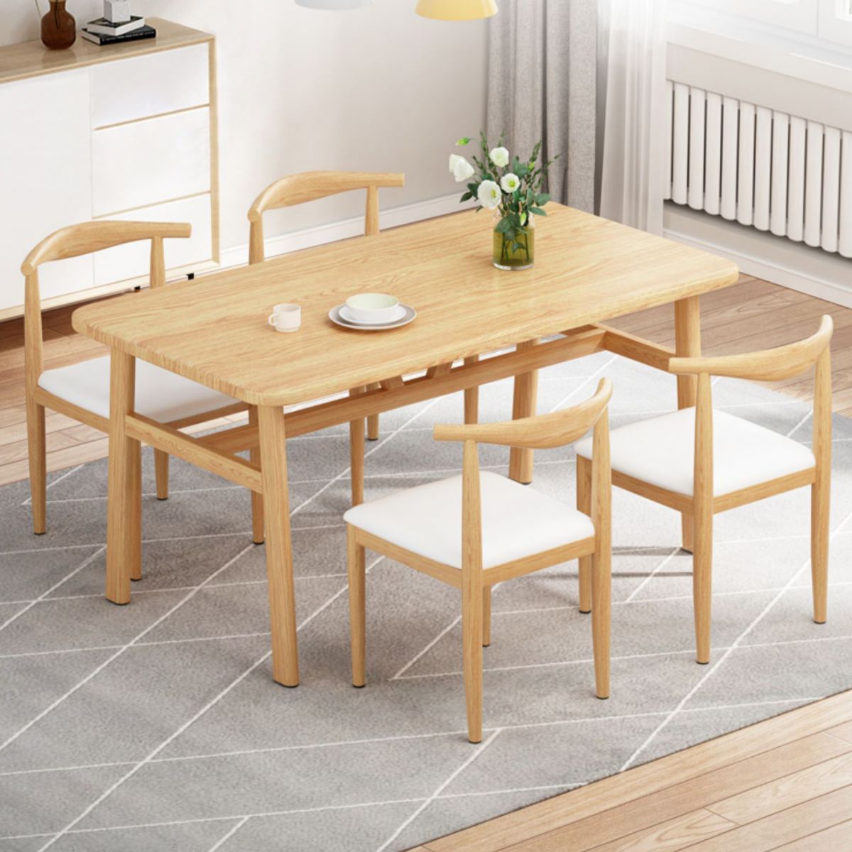 Contemporary Rectangular Wooden Dining Table with Stainless Steel Trestle