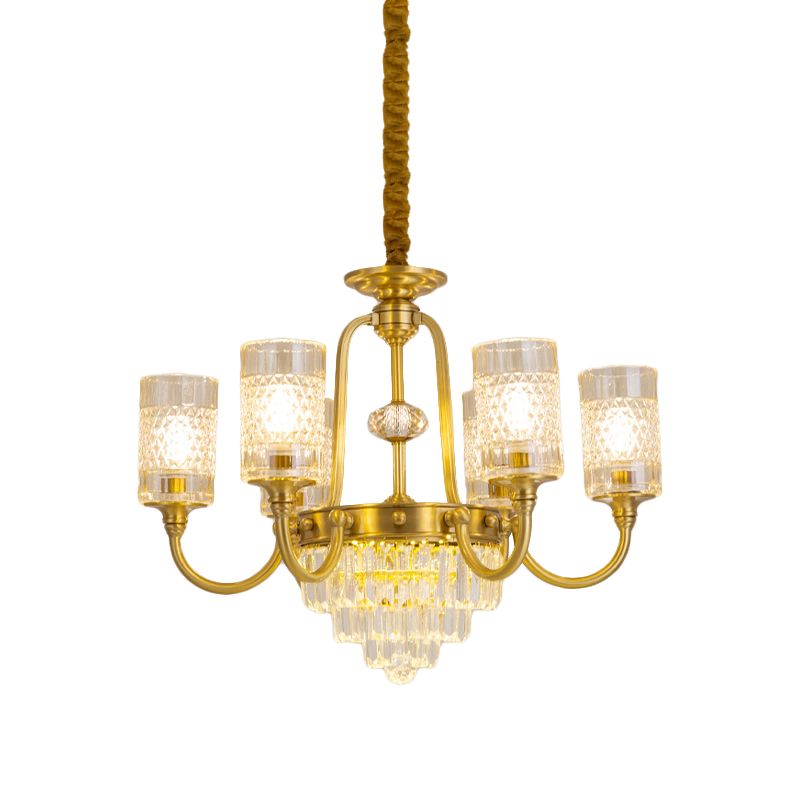 6-licht pijlerhangende kroonluchter postmoderne gouden gestructureerde glazen hanglamp met gelaagde kristalprisma