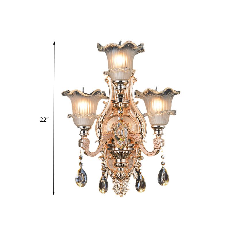 Frosted Glass Gold Wall Lamp Floral 3 Bulbs Traditionalist Wall Lighting Fixture with Crystal Accent for Restaurant