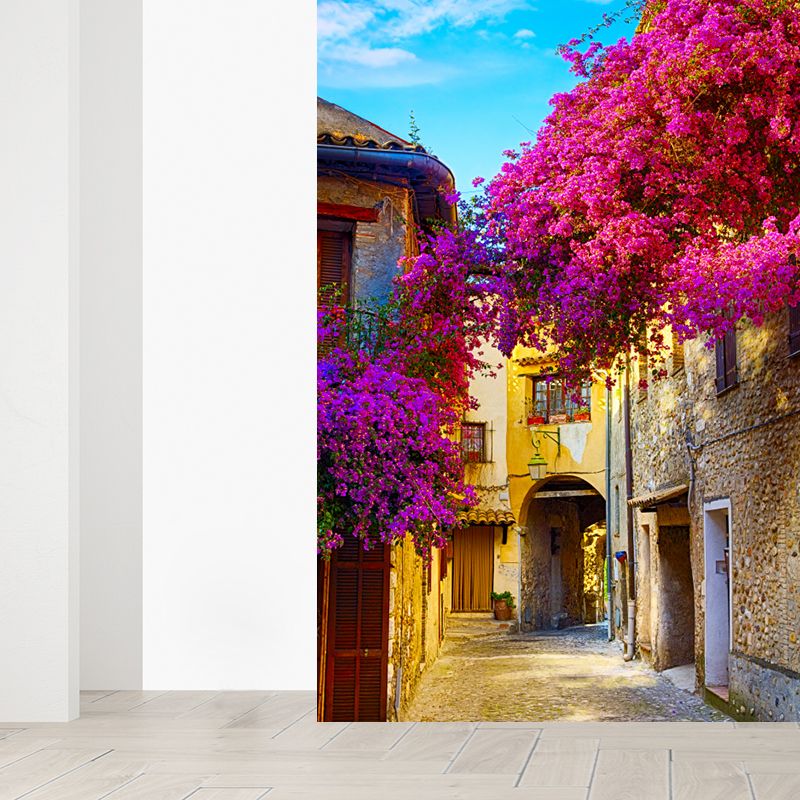 Yellow Flower and Town Mural Wallpaper Buildings Modern Washable Wall Covering for Kitchen