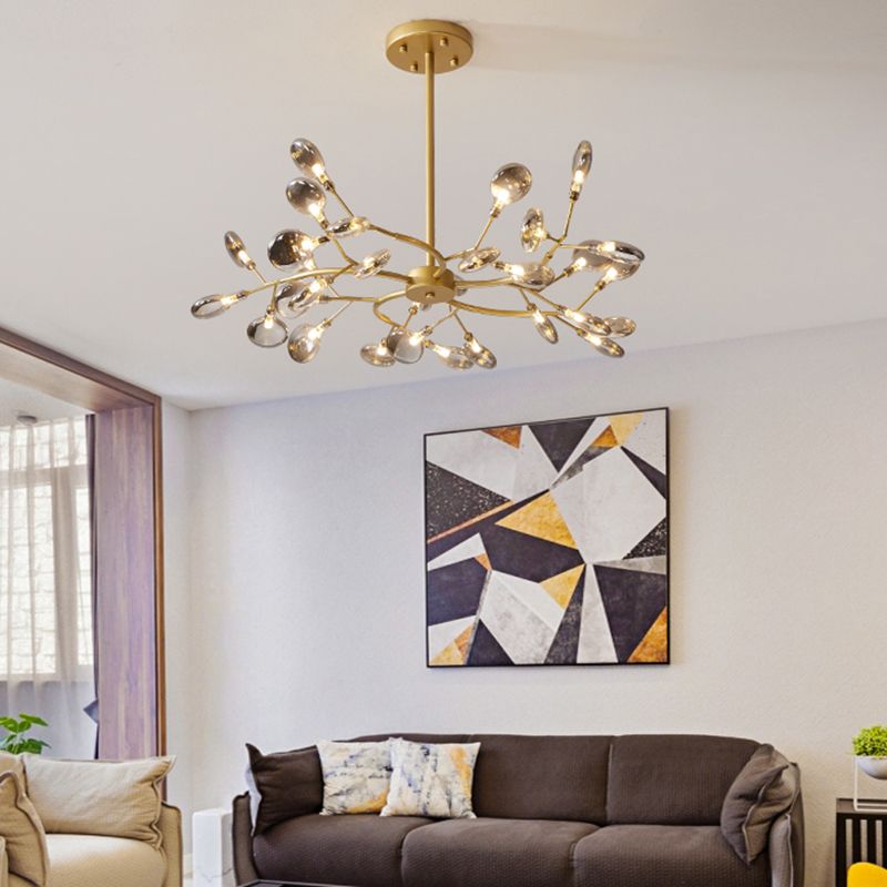 Postmodern Leaf Hanging Light Metal Living Room LED Chandelier Pendant Light in Brass