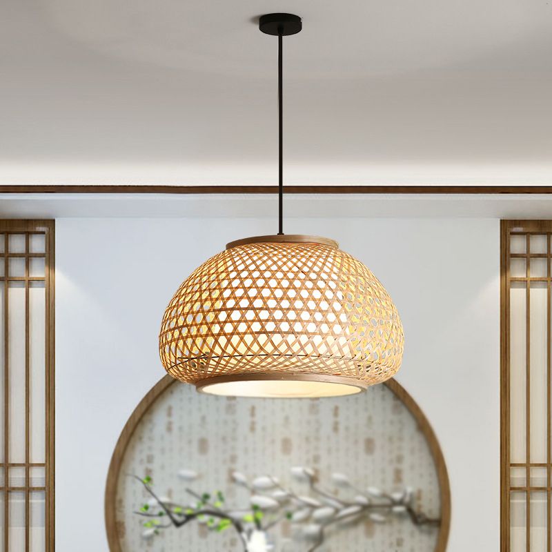 Lampada per caduta a 1 luce asiatica Beige Lantern Bamboo Light Light for Tea Room