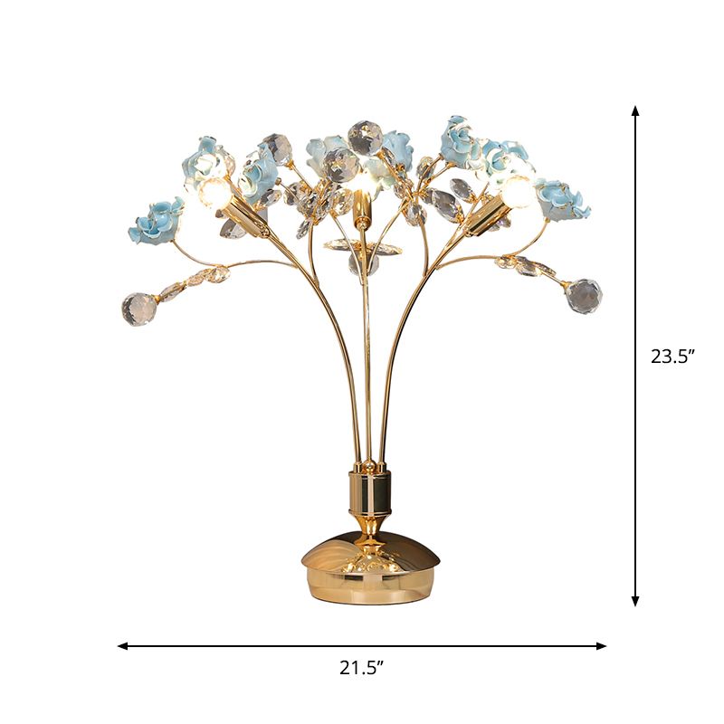 3 Bulbs Gold Ball Desk Lamp Modern Faceted Crystal Nightstand Light with Ceramic Flower Design