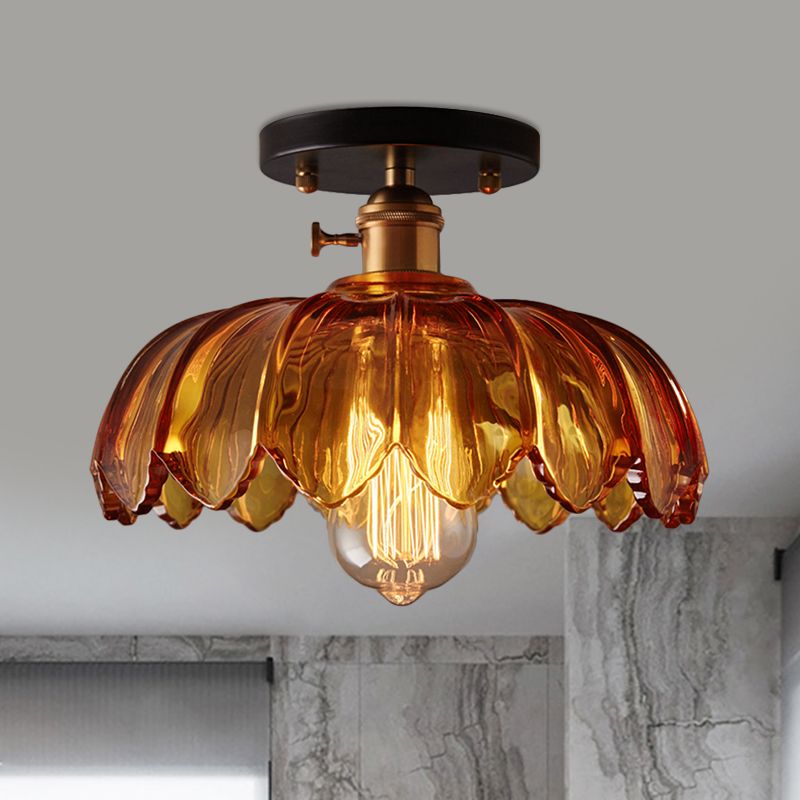White/Amber One Light Ceiling Mount Industrial Prismatic Glass Scalloped Semi Flush Light