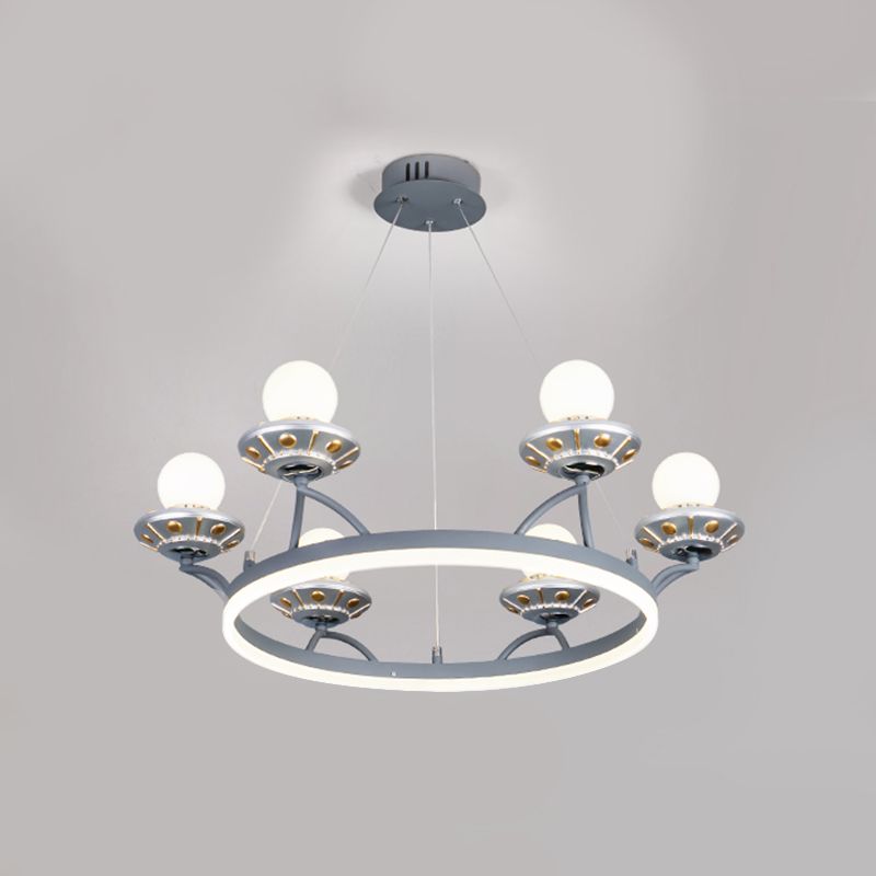 Round Metal Hanging Light Kids 6 Lights Silver Chandelier Lamp with Sphere White Glass Shade