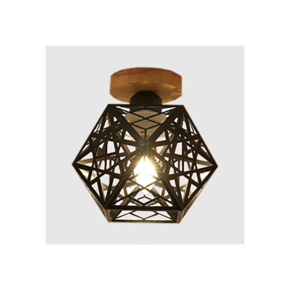 1 Bulb Metallic Semi Flush Mount Light Loft Style Black/White Pentagon Cage Living Room Ceiling Mounted Fixture