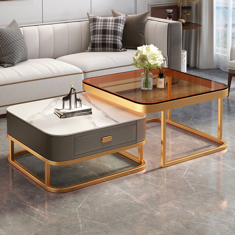 Modern 2 Nesting Glass Coffee Table Set Steel Frame Base 1 - Drawer Cocktail Table