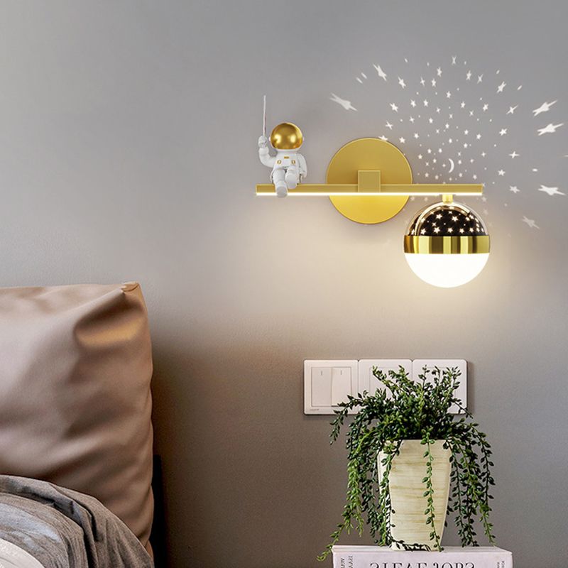 Kids Astronaut Wall Lamp Metal Sconce Lighting in Black and Gold for Bedroom