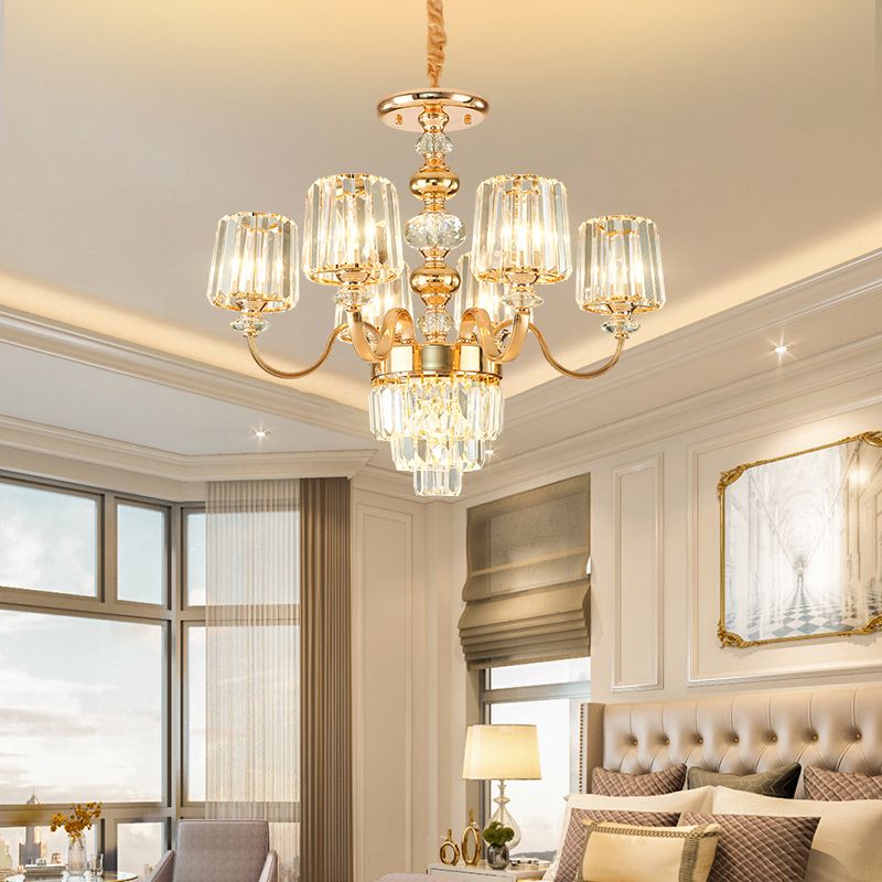 Crystal Block Chandelier Lighting Transitional Rose Gold Cylinder Parlor Pendant Light