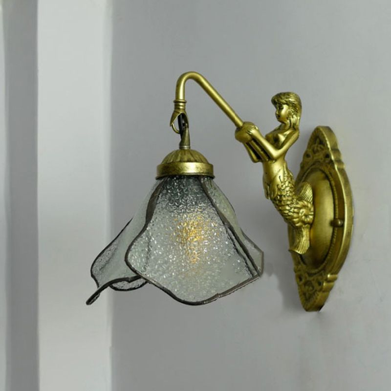 1 Head Petal Wall Mount Lighting Tiffany Blue/Clear/Pink Glass Sconce Light Fixture with Mermaid Backplate