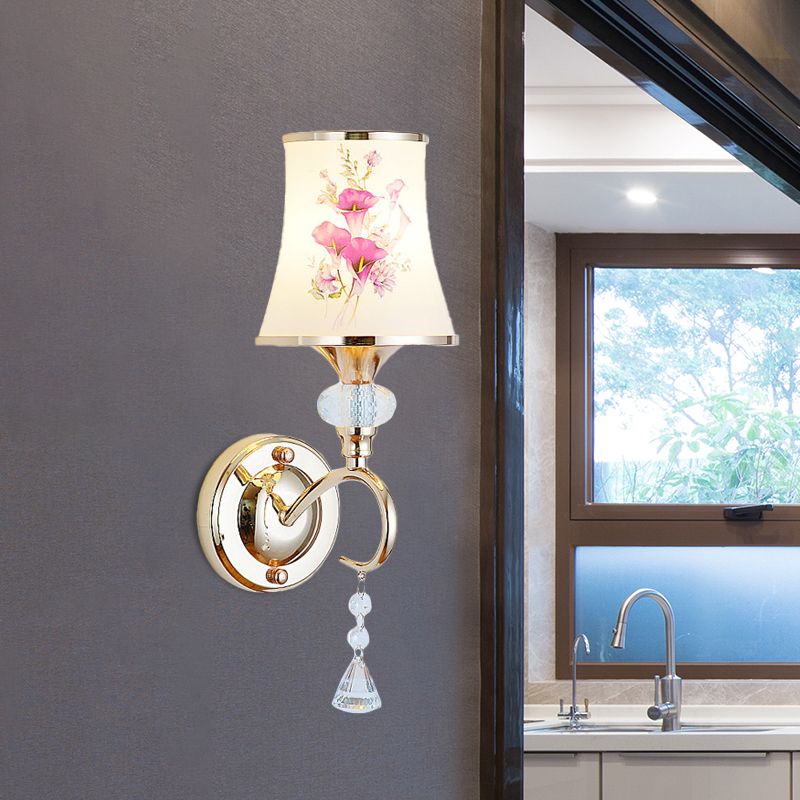 1/2-Light Bedroom Wall Lighting Modernist Gold Wall Mount Lamp with Arced Painted Glass Shade