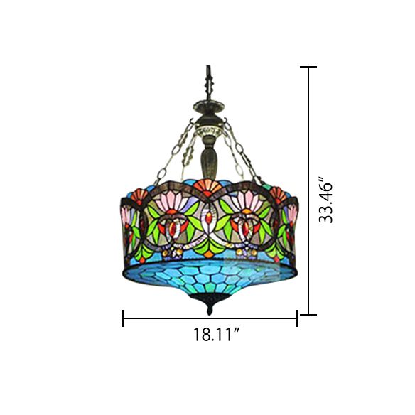Living Room Ceiling Light LED, Stained Glass Drum Lighting Baroque Style, 18" W