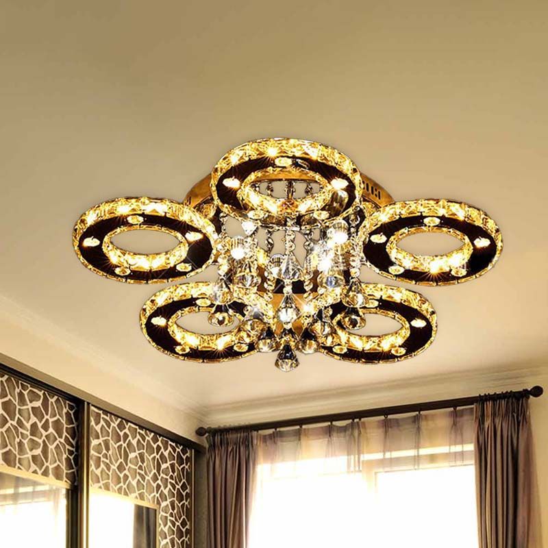 Ring Semi Flush Light Contemporary K9 Crystal Chrome 23.5"/28"/33.5" Wide LED Ceiling Lamp, Warm/White/2 Color Light