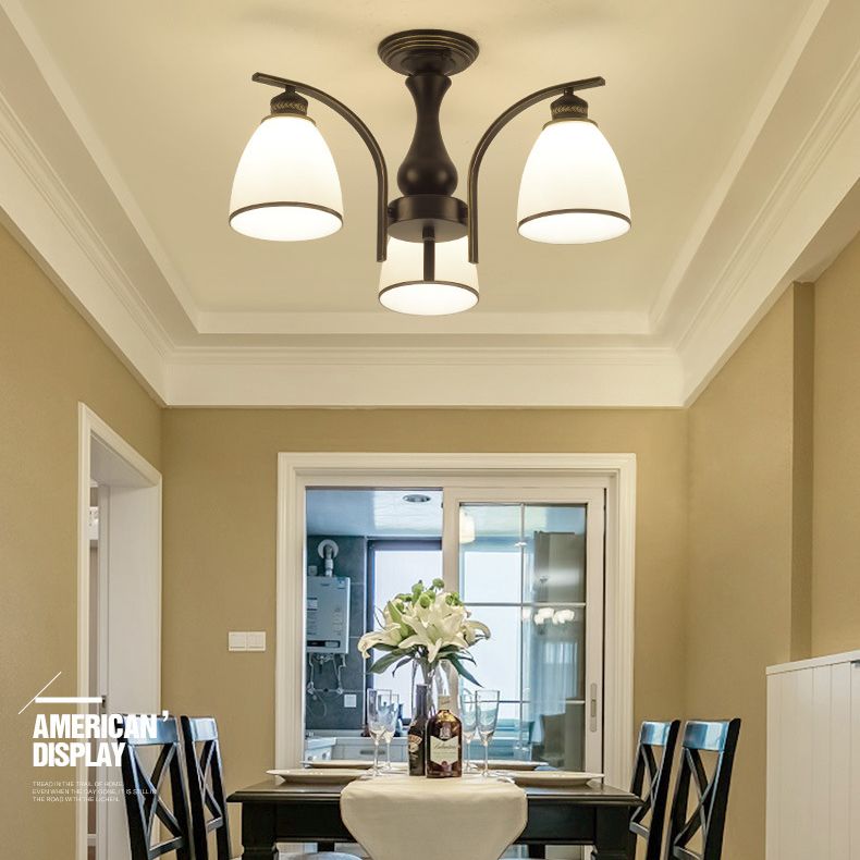 Black Radial Ceiling Light in Traditional Retro Style Wrought Iron Semi Flush Mount with Glass Shade
