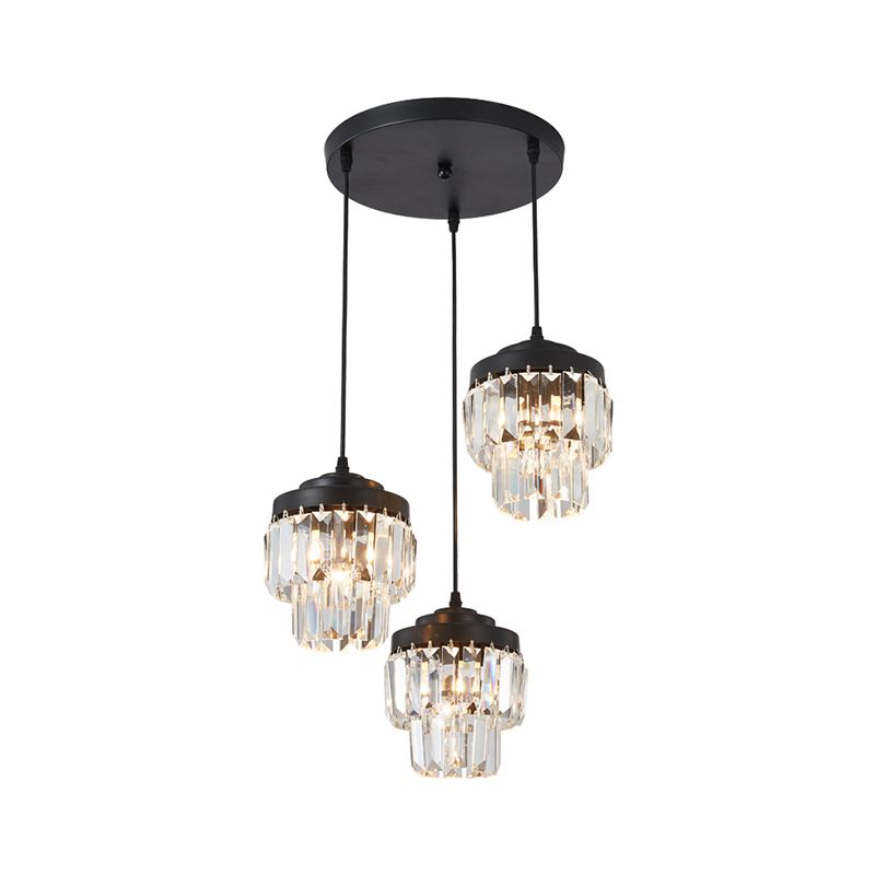 3 Köpfe 2-Tier-Cluster-Anhänger moderner schwarzes, klares Kristallprisma Hängenlampe mit runden/linearen Baldachin