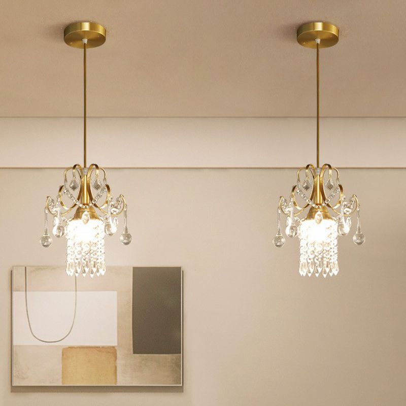 Gold 1-Light Pendant Lighting Traditional Clear Crystal Fringe Suspension Light for Dining Room