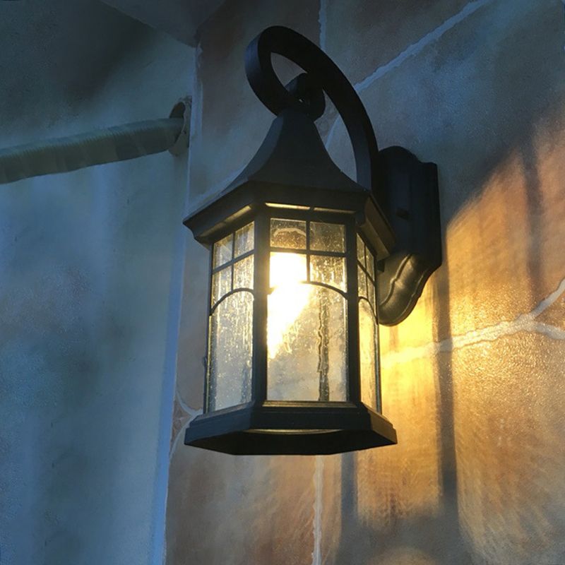 Seeded Glass Pavilion Sconce Light Farmhouse 1 Light Outdoor Wall Mount Lamp in Black/Bronze with Open Bottom Design