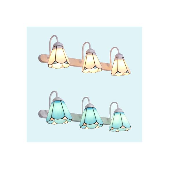 3 Head Wall Sconce Light Tiffany Conical White/Blue Glass Vanity Light Fixture for Bathroom