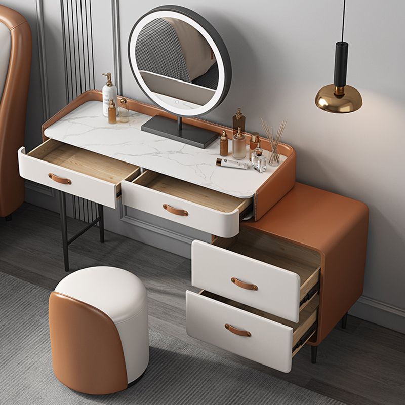 Stone Top Make-up Vanity Orange Solid Wood Vanity Dressing Table Set with Drawers