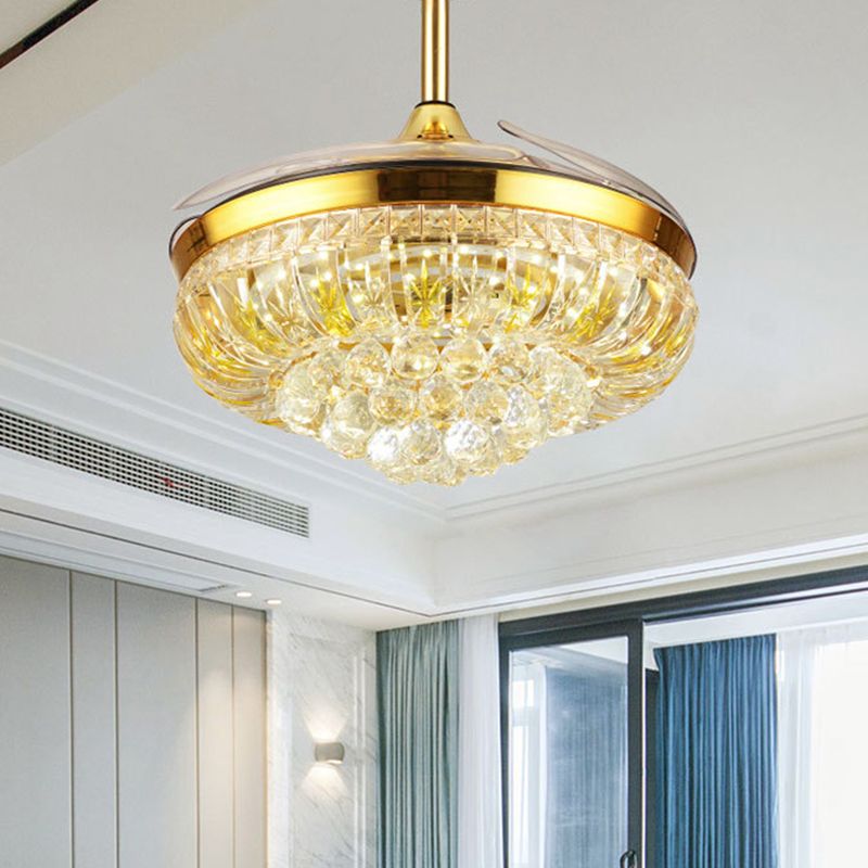 19 "brede LED Semi Flush Light Modern Circular Clear Crystal Blocks Hanger Fan Lamp in Gold