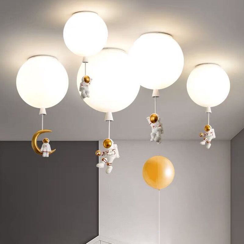 White Glass Balloon Ceiling Lamp Childrens Style Flush Mount Lighting with Resin Toy