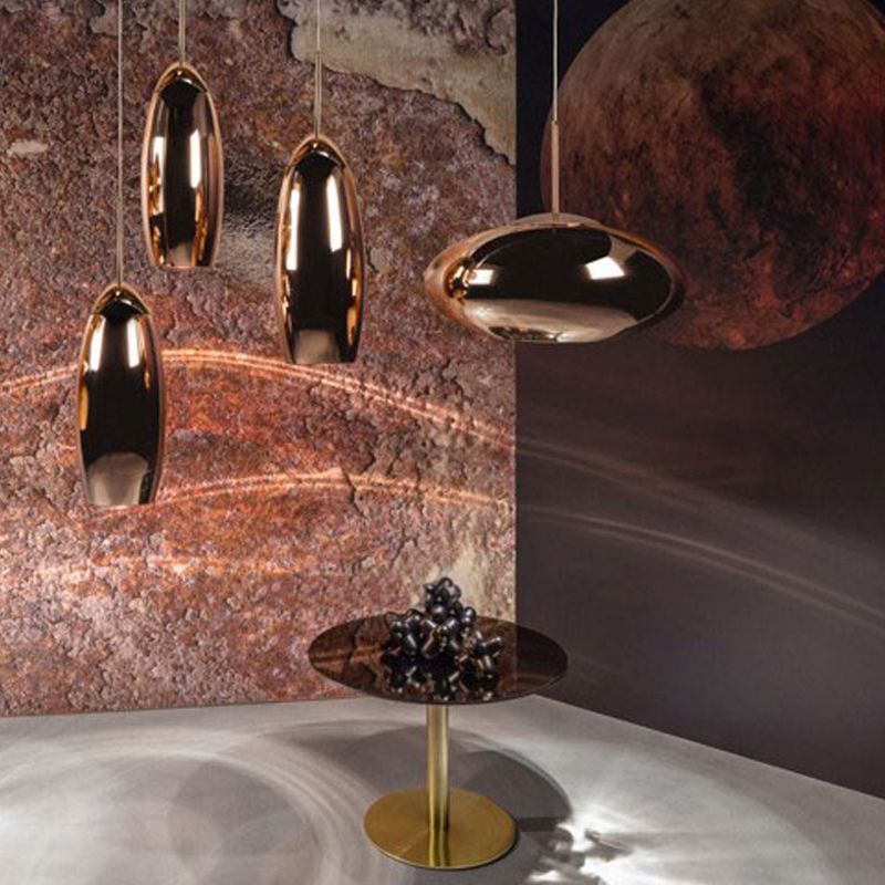 Moderne 1 Kopf hängende leichte Kupfer Oval/Globus/Streifen -Anhänger Deckenleuchte mit Spiegelglasschatten, 8 "/16" /19,5 "breit