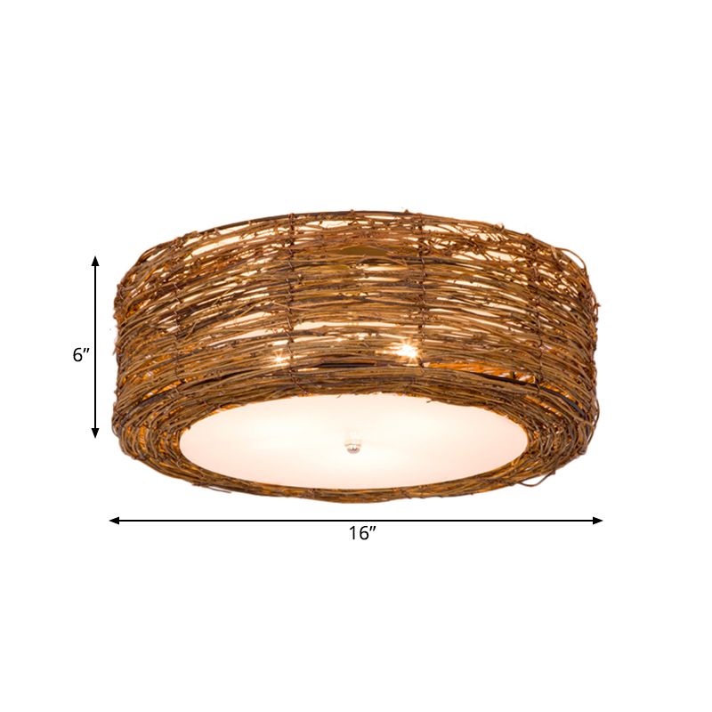 Hand-Woven Flush Mount Lamp with Round Shade Modern Rattan 3 Lights Bedroom Ceiling Light Fixture in Brown, 16"/19.5" W