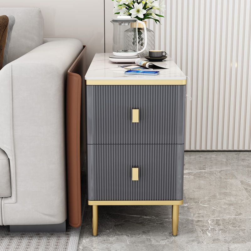 Rectangular Iron 4 Legs Side Table Two-Drawer End Table in Grey/Silver