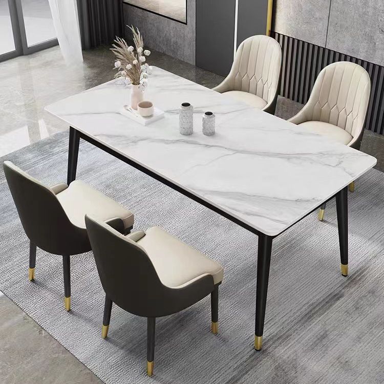 Rectangular Sintered Stone Dining Table Luxury White Furniture with Steel 4 Legs for Home