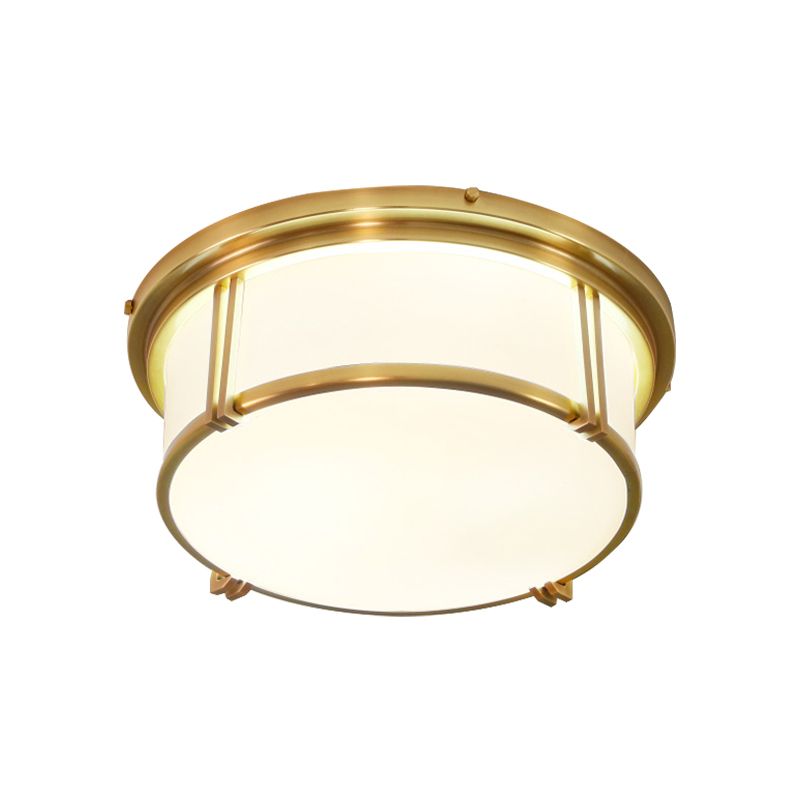 Schwarz/Messing-Trommel-Unterputzlampe, klassische LED-Wohnzimmer-Deckenleuchte aus Milchglas mit warmem/weißem Licht