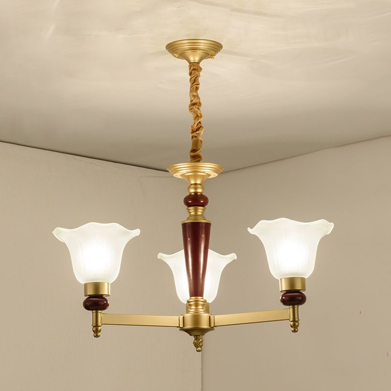 Frosted Glass Blossom Chandelier Light Rustic Style 3/6/8 Lights Living Room Suspension Pendant in Gold