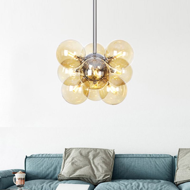 Modern 9 Heads Chandelier Light Chrome Orb Pendant Lighting Fixture with Amber Glass Shade
