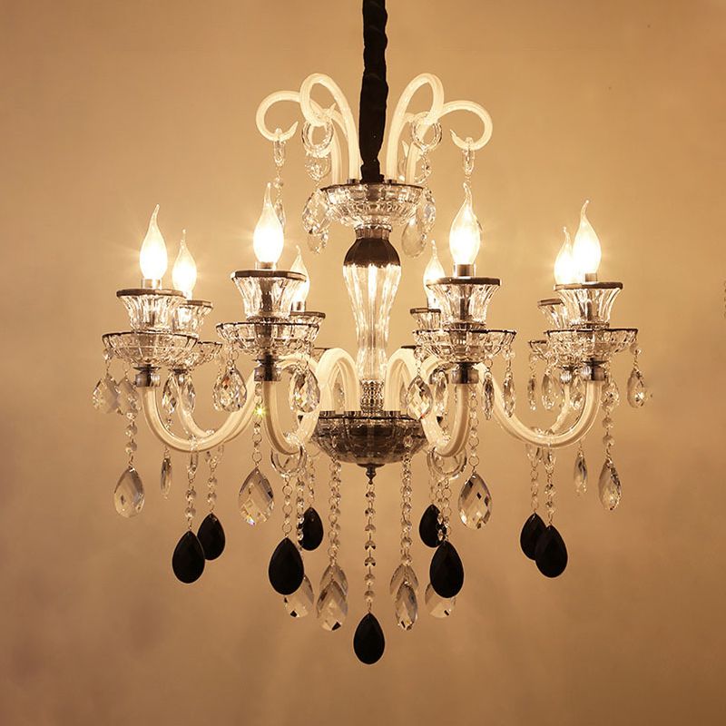 Vintage Candlestick Chandelier Lighting 10 Lights Clear and Black Crystal Pendant with Swooping Glass Arm