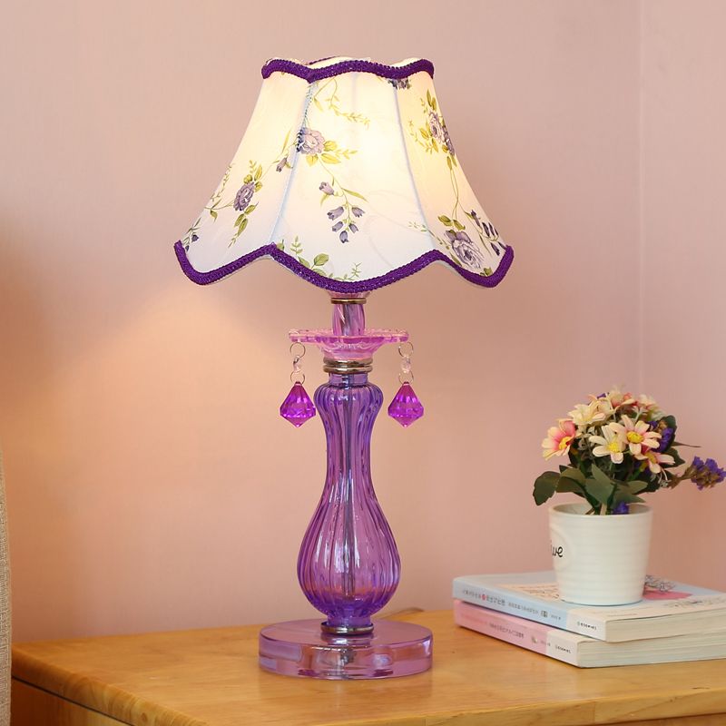Romantic Pastoral 1 Light Night Lamp Purple Cone/Scalloped Nightstand Light with Fabric Shade and Crystal Accent