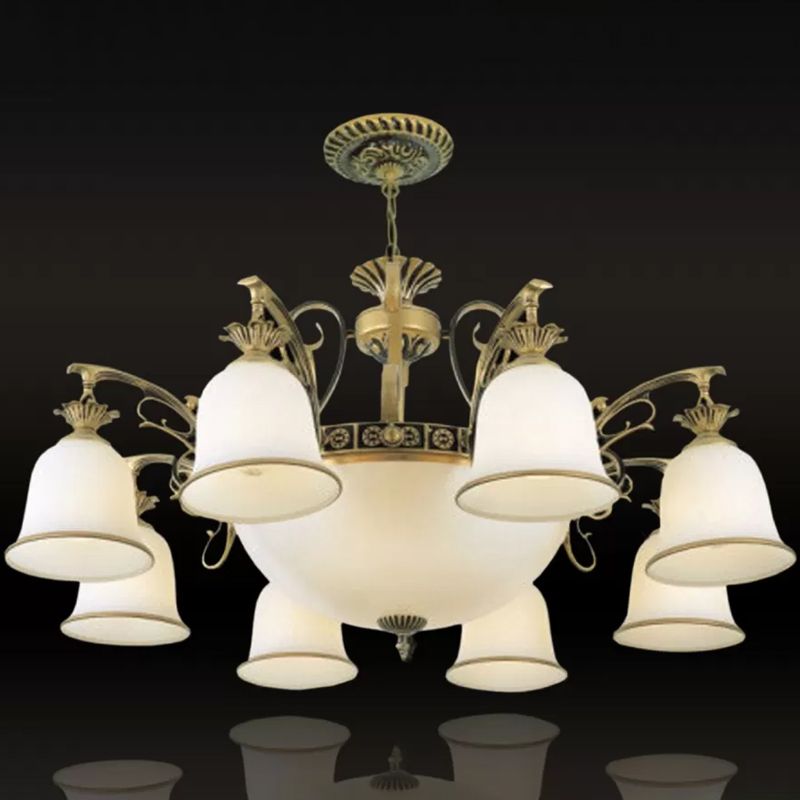 Rustic Carillon Chandelier Lighting 11 Heads White Glass Suspended Lighting Fixture in Brass
