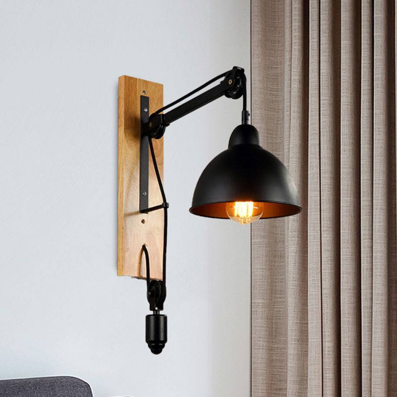 Domed Indoor Wall Mount Light Industrial Metal 1 Head Black Sconce Light with Beige/Brown Wood Backplate and Pulley