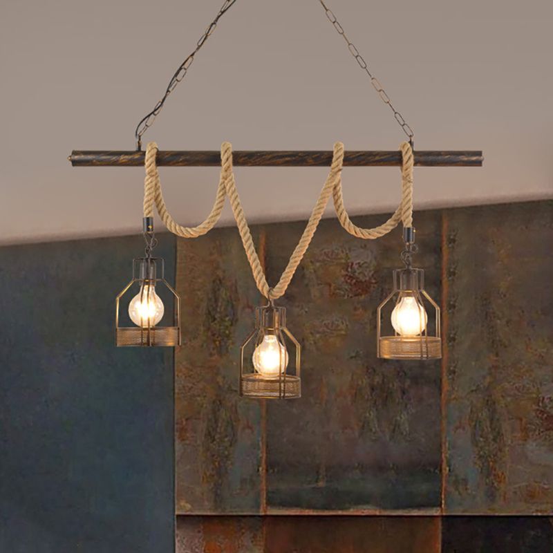 Global/Bottle Restaurant Island Pendant Light Iron 3 Lights Retro Style Black Ceiling Light with Hanging Rope