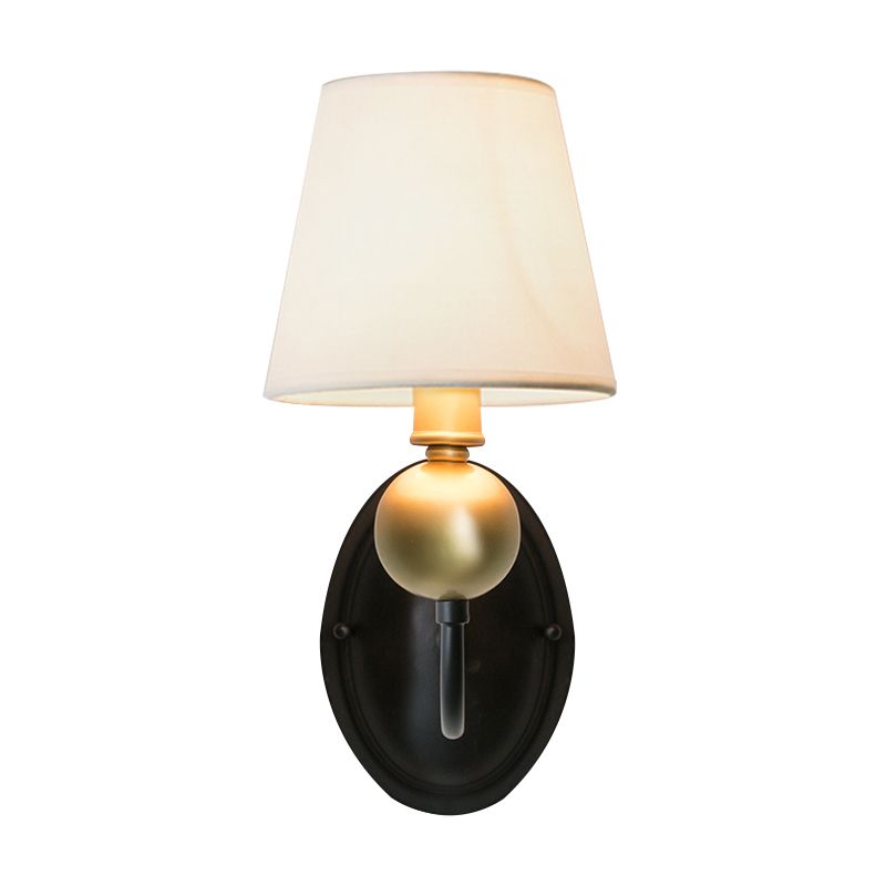 Tapered Fabric Wall Sconce Light Rural 1/2-Bulb Bedroom Wall Mount Lighting in White/Beige with Swooping Arm
