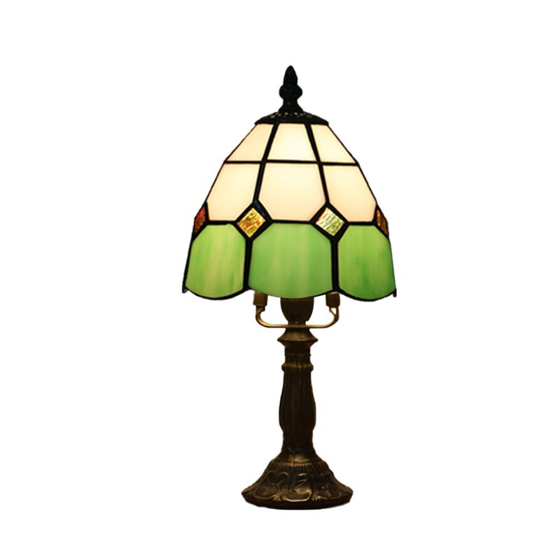 Dome Night Light Mission Stained Art Glass 1 Head Beige/Yellow/Orange Grid Patterned Nightstand Lighting for Bedroom