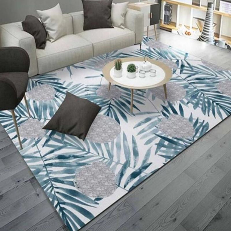 Dark Green Botanical Rug Polyester Modern Rug Stain Resistant Rug for Living Room