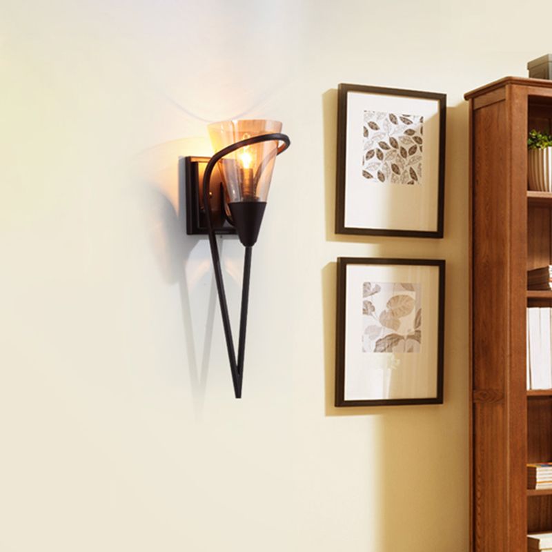 Vintage Conical Sconce Lamp 1 Bulb Amber Glass Wall Mounted Light in Black with Rectangle Backplate