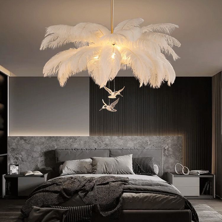 Candelera de techo de plumas de avestruz moderno creativo creativo de techo colgante blanco para dormitorio