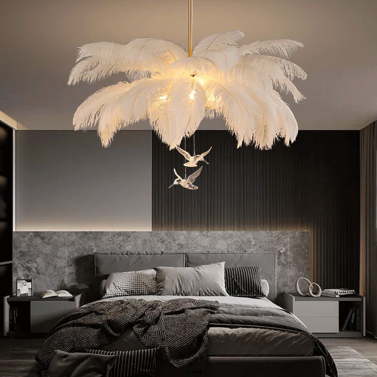 Ostrich Feather Ceiling Chandelier Modern Nordic Creative White Hanging Ceiling Light for Bedroom