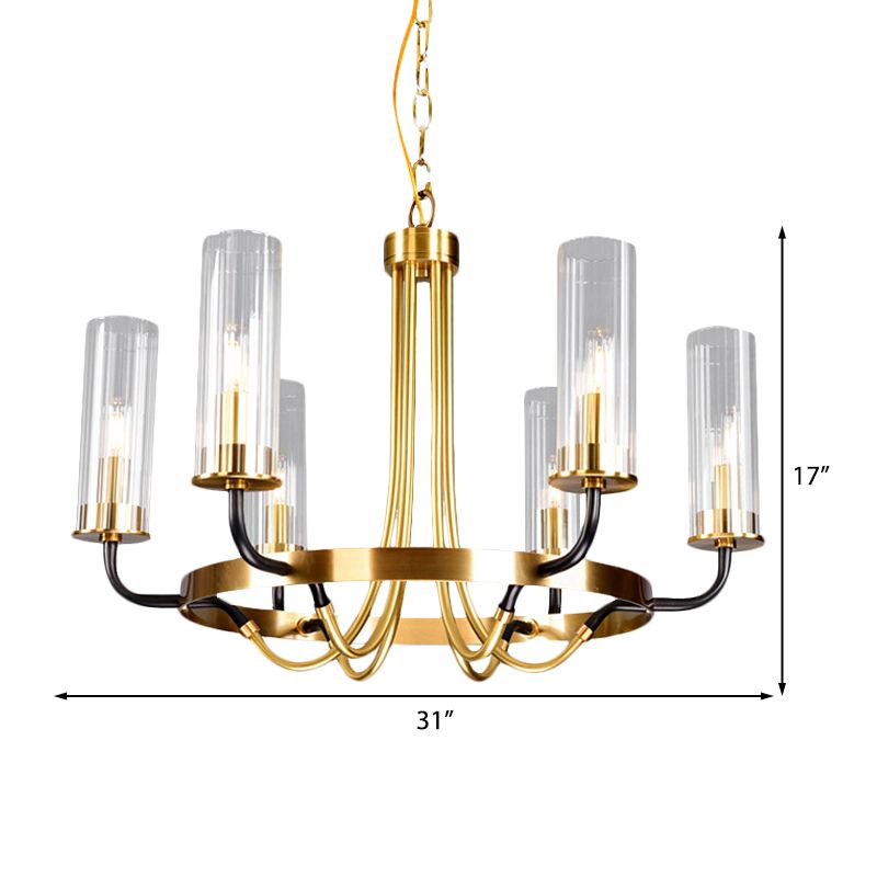 6/8 luces Luz colgante de luz clásica Candelera colgante de vidrio transparente en negro/dorado con diseño de ruedas