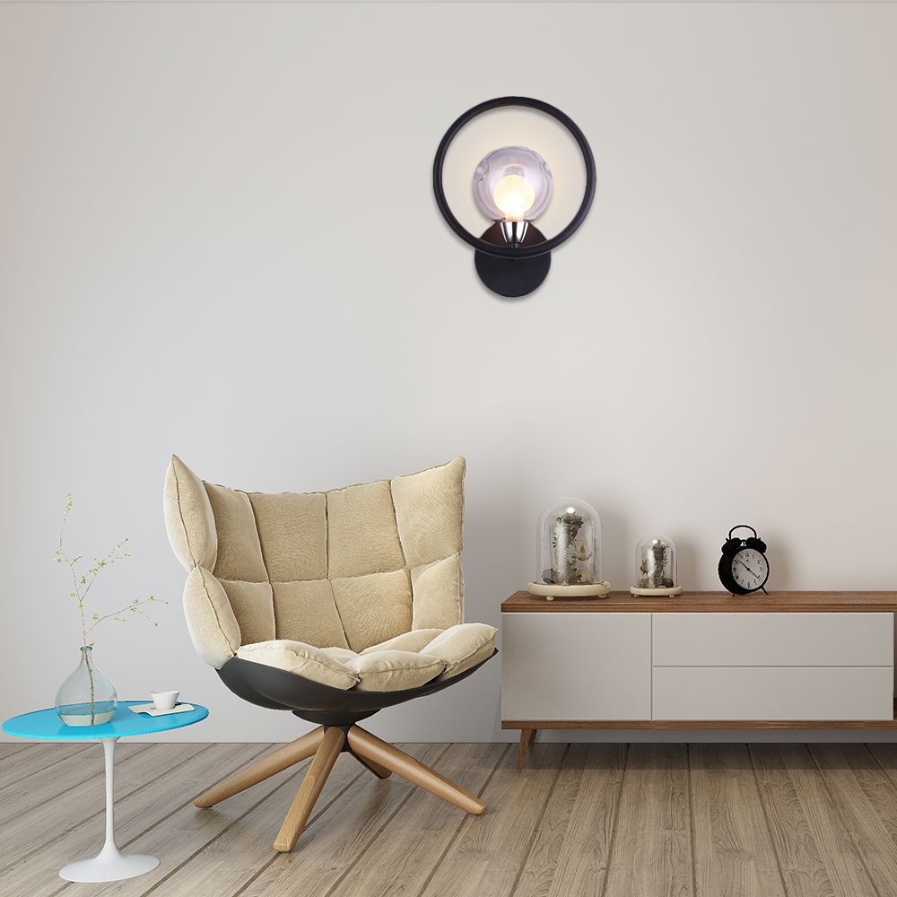 Black/White Ring Wall Light Sconce Modern Stylish 1 Bulb Metal Wall Lamp with Glass Ball Shade