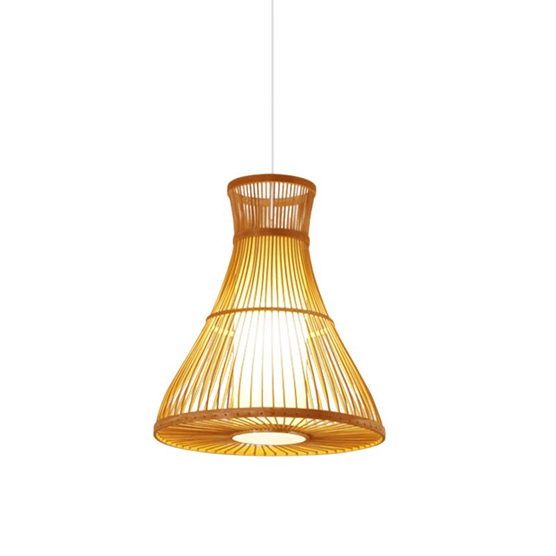 Beige Flared Ceiling Lamp Asian 1 Bulb Bamboo Hanging Light Fixture with Inner Tube Parchment Shade